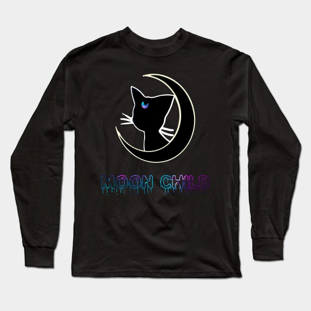 Moon Child Black Cat Galaxy Aesthetic Witchy Wiccan Pastel Gothic Boho Hipster Long Sleeve T-Shirt by Prolifictees